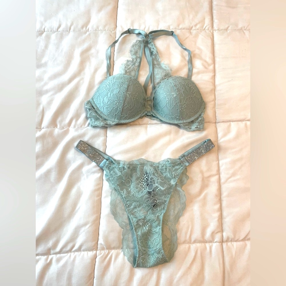Victoria’s Secret shine strap collection halter top Brazilian panty blue lace